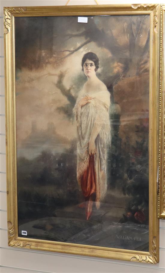 William Fel, lithograph, Lady standing in a landscape, 113 x 73cm